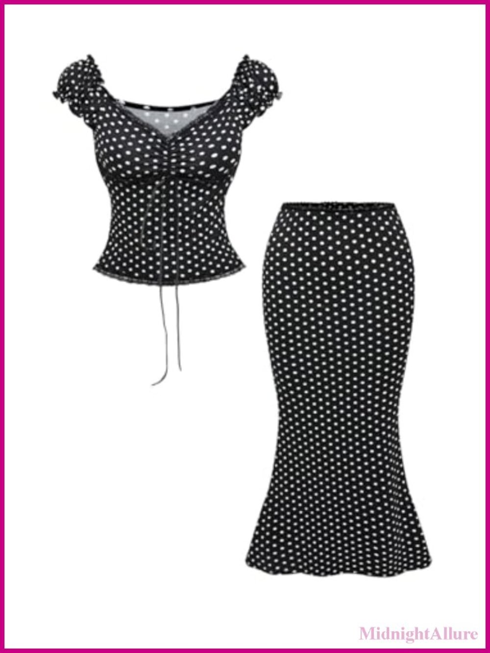 Polka Dot 2 Piece Skirt Set Cap Sleeve Lace Ruched Top Fishtail Skirt